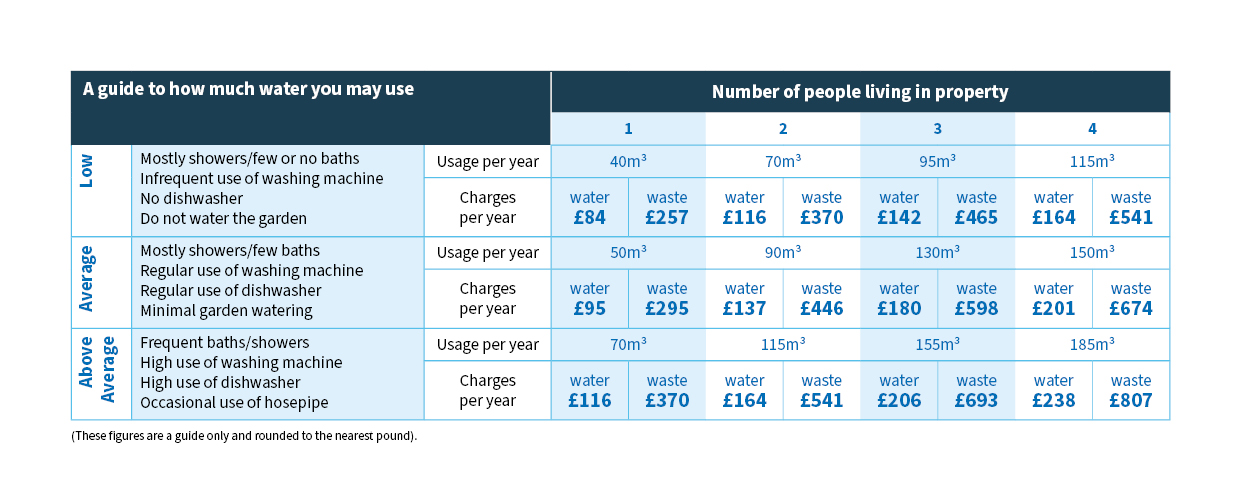 Water usage estimator with cost table